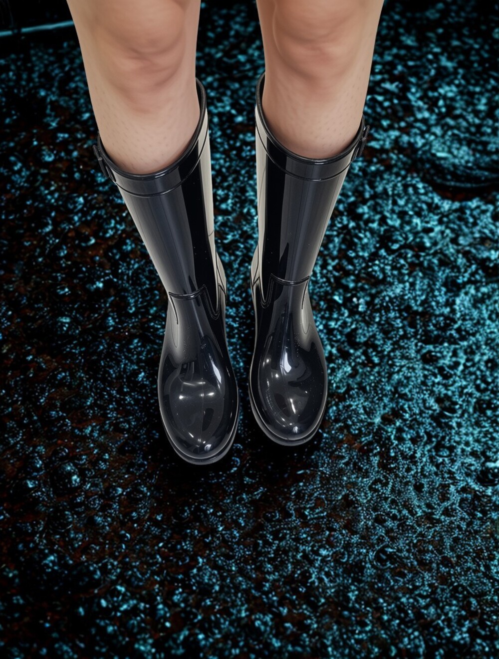 Black Glossy Rubber Rain Boots Mid-Calf Waterproof Pull-On Women's Size 9 M